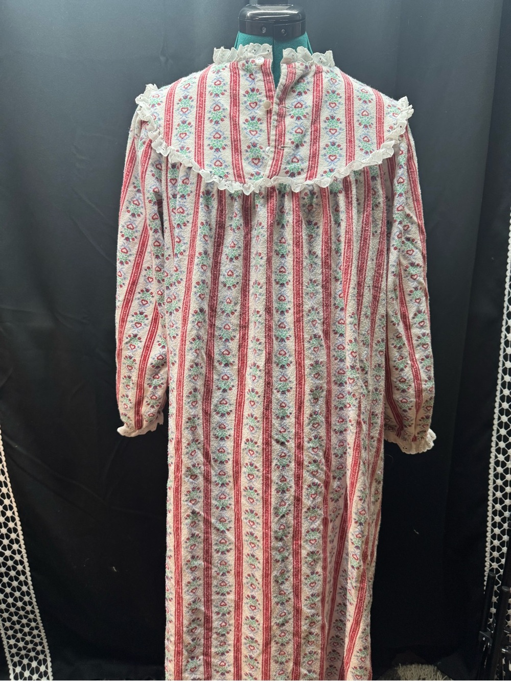 Red Striped Floral Cotton Nightgown - Soft Long Sleeve Pajama